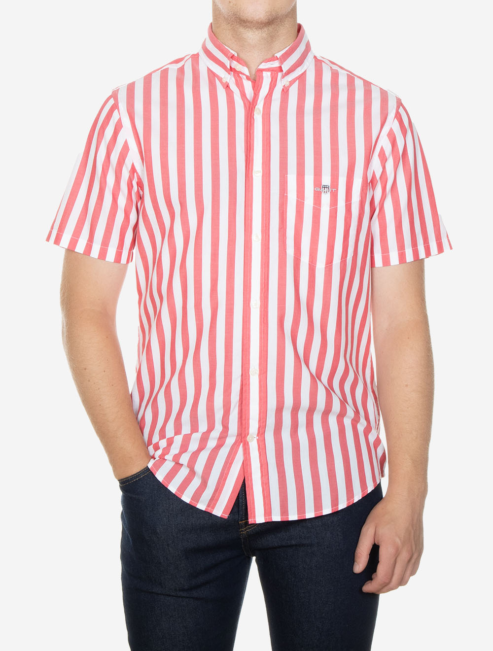 Regular Fit Striped Classic Poplin Short Sleeve Shirt Watermelon Red