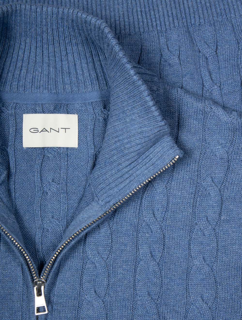 Cotton Cable Half Zip Denim Blue Melange