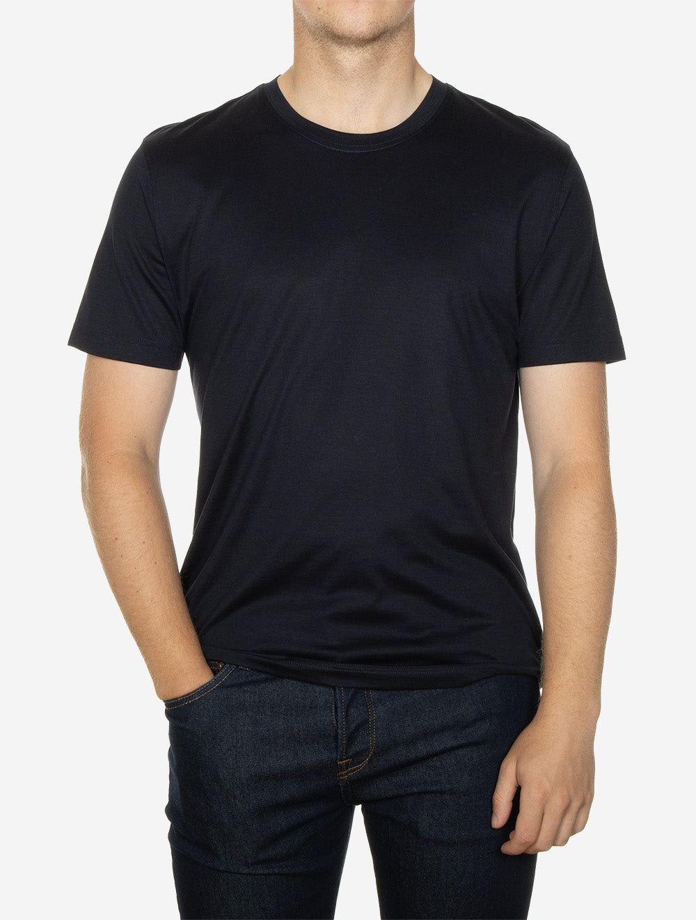 T-shirt à col rond en maille interlock bleu marine