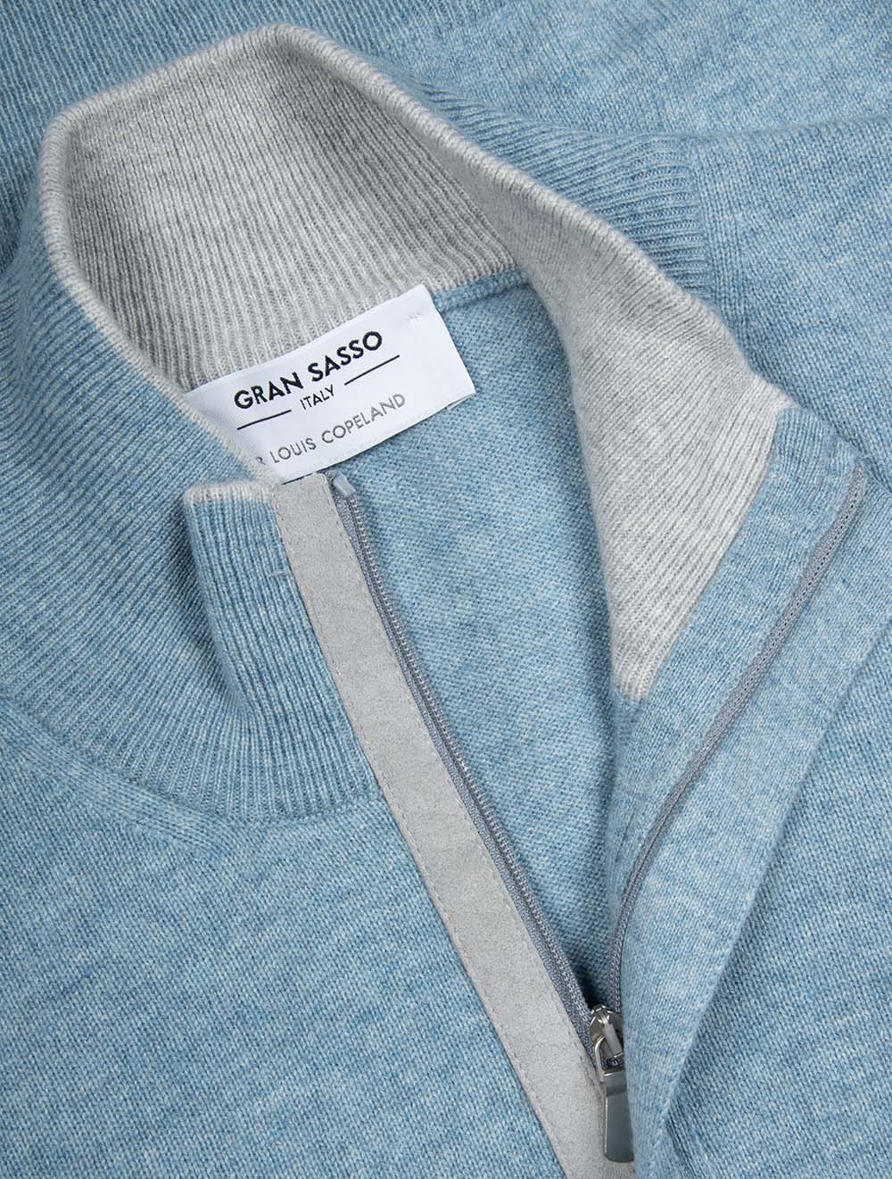 Pull demi-zip en laine et cachemire bleu clair