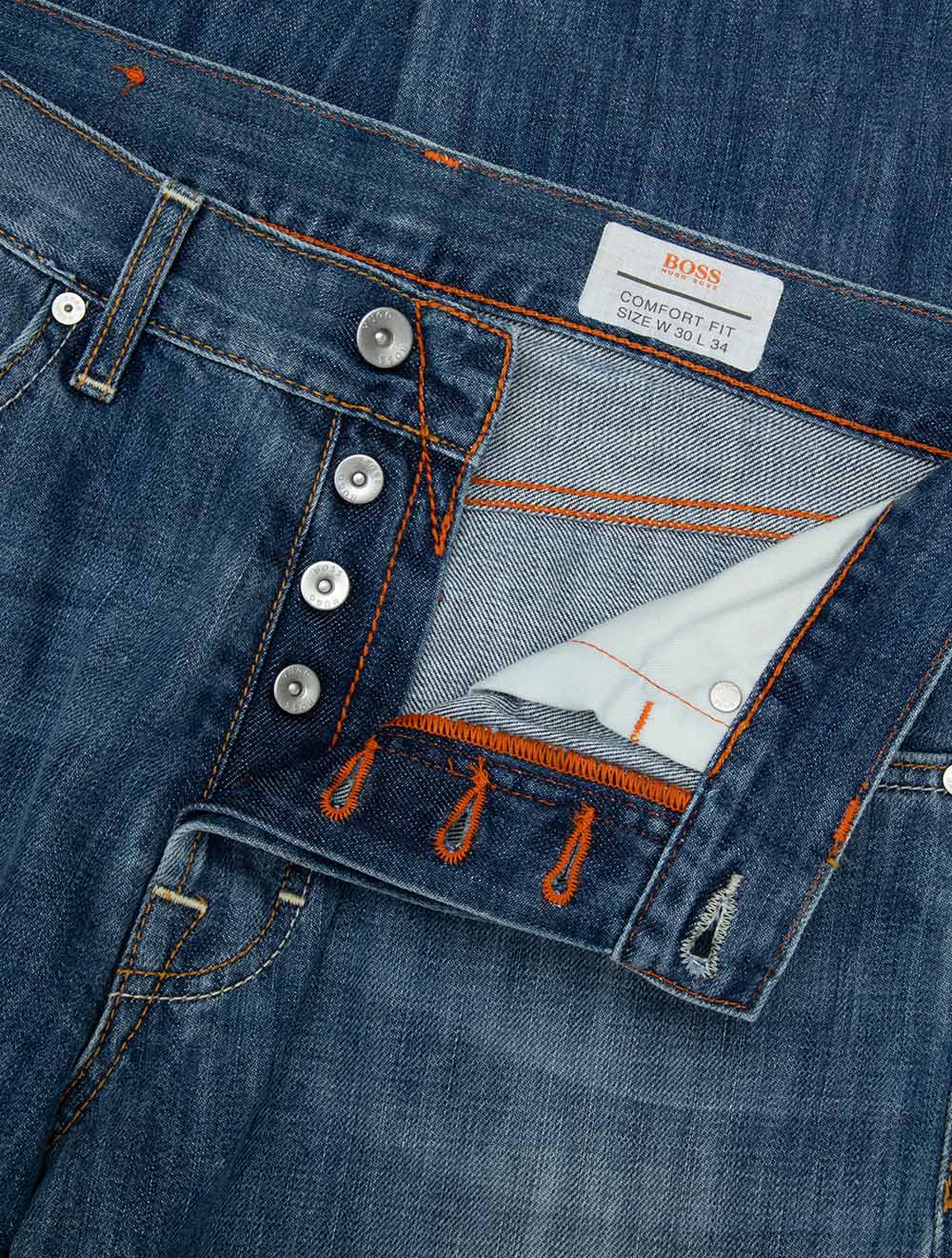 Comfort Fit Muted Blue Wash Jeans with Orange Stitch