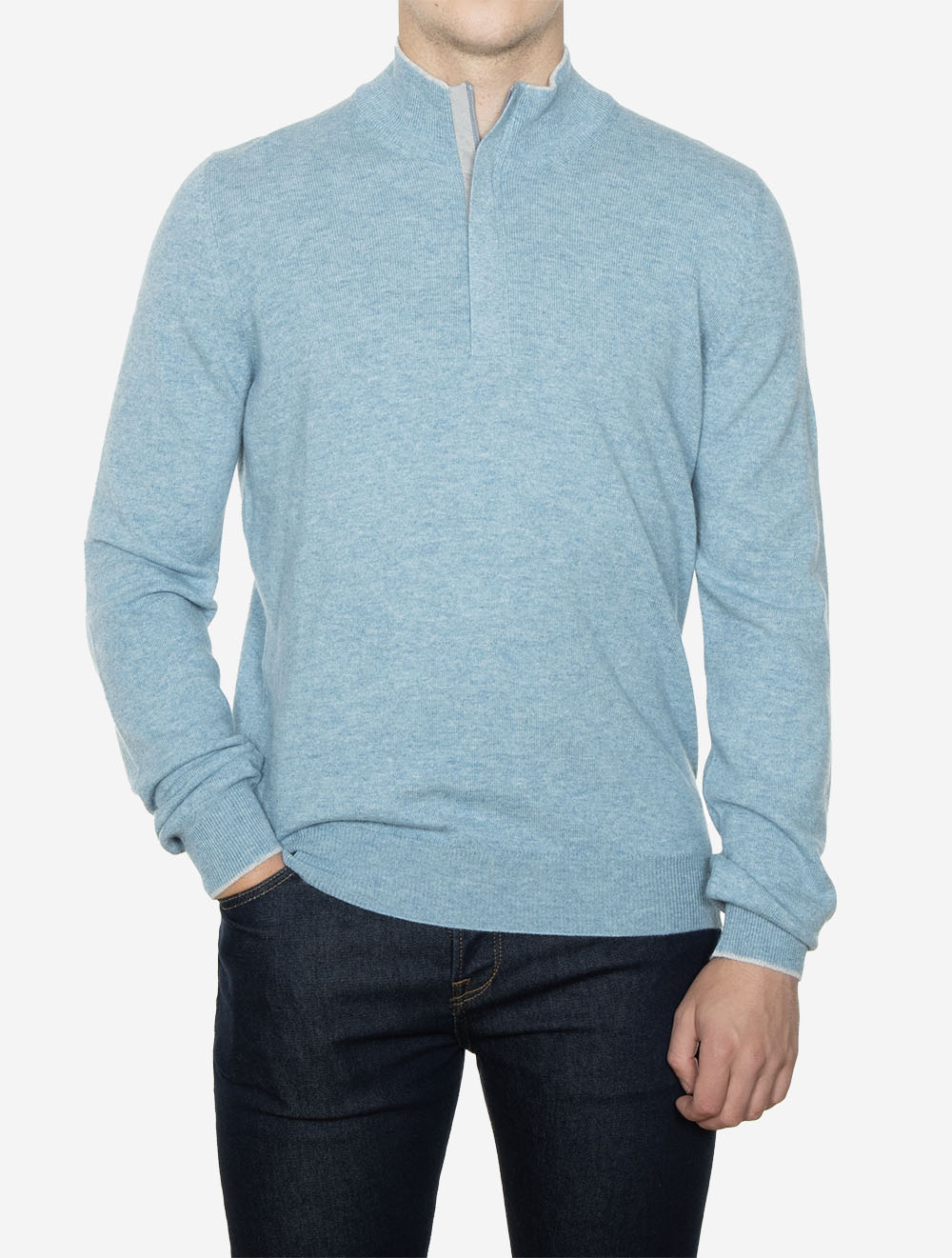 Pull demi-zip en laine et cachemire bleu clair