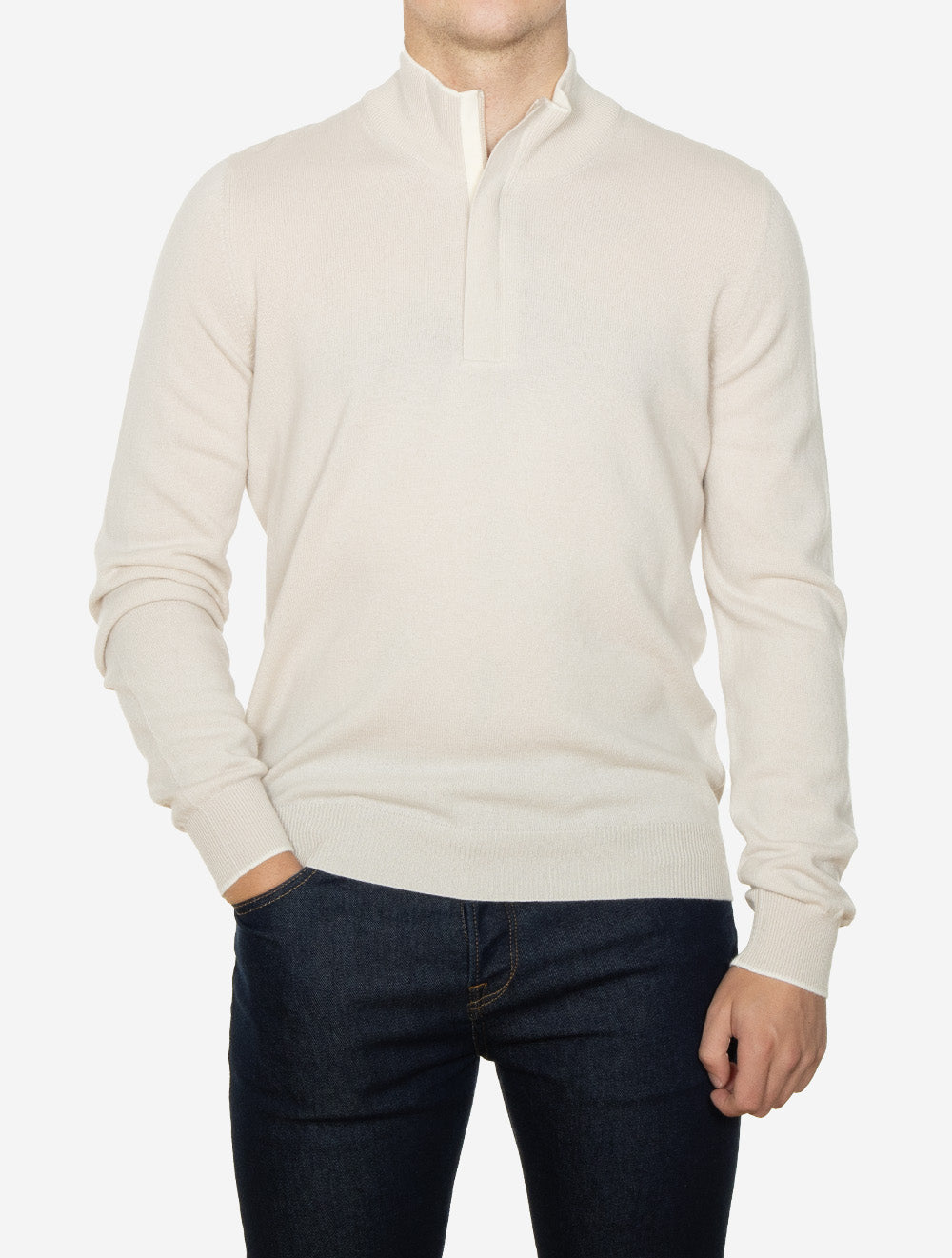 Pull demi-zip en laine et cachemire beige