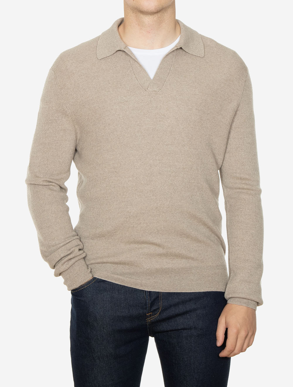 Knit Long Sleeve Tennis Polo Beige
