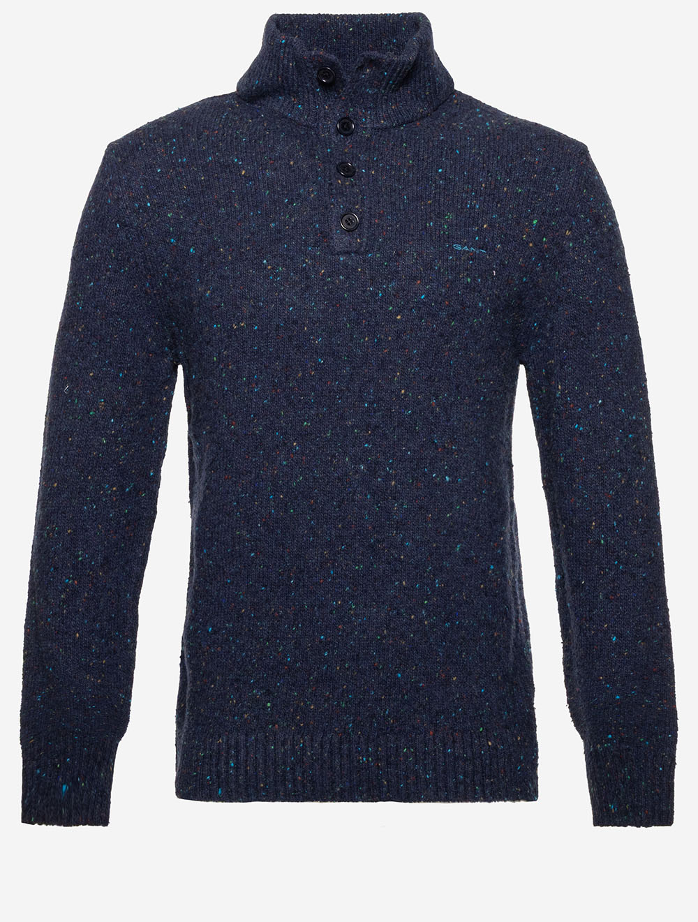Wool Blend Neps Half Buttoned Sweater Evening Blue