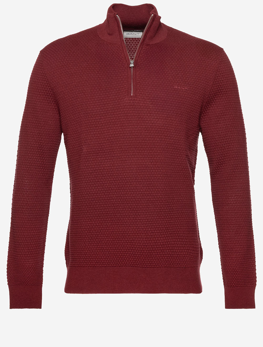Pull en coton mérinos texturé rouge à demi-zip