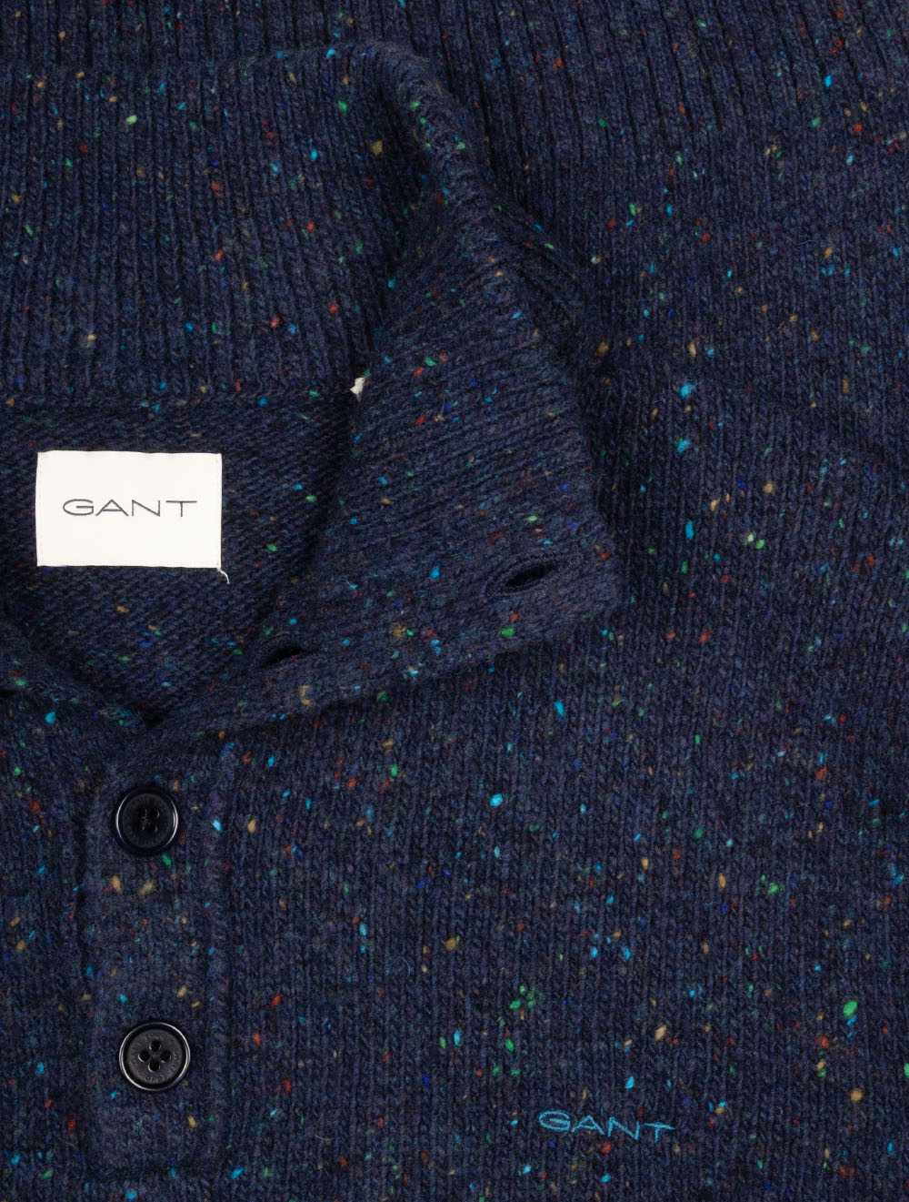 Wool Blend Neps Half Buttoned Sweater Evening Blue