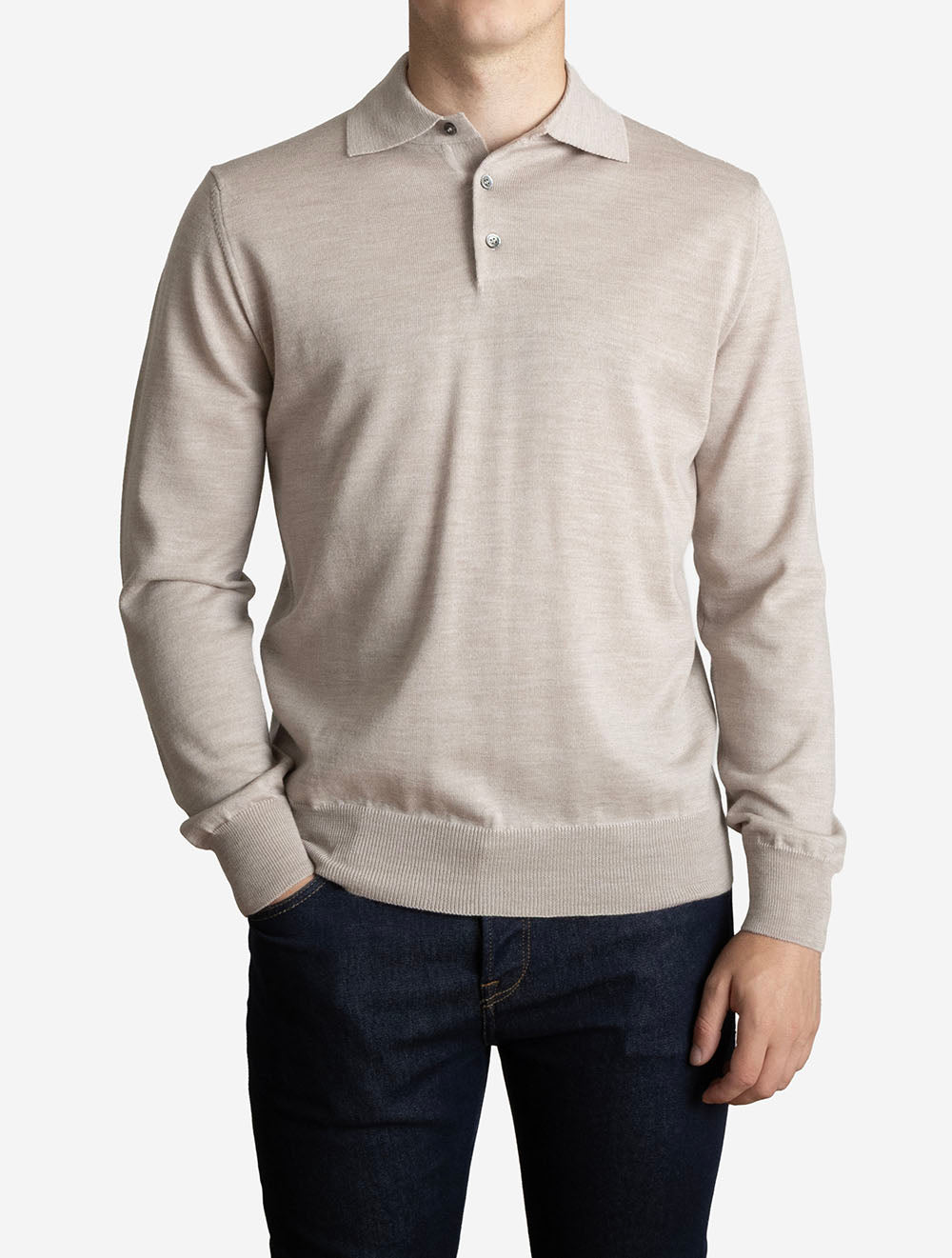 Merino Long Sleeve Polo Beige