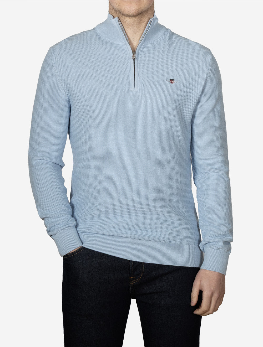 Micro Textured Cotton Half Zip Fresh Blue