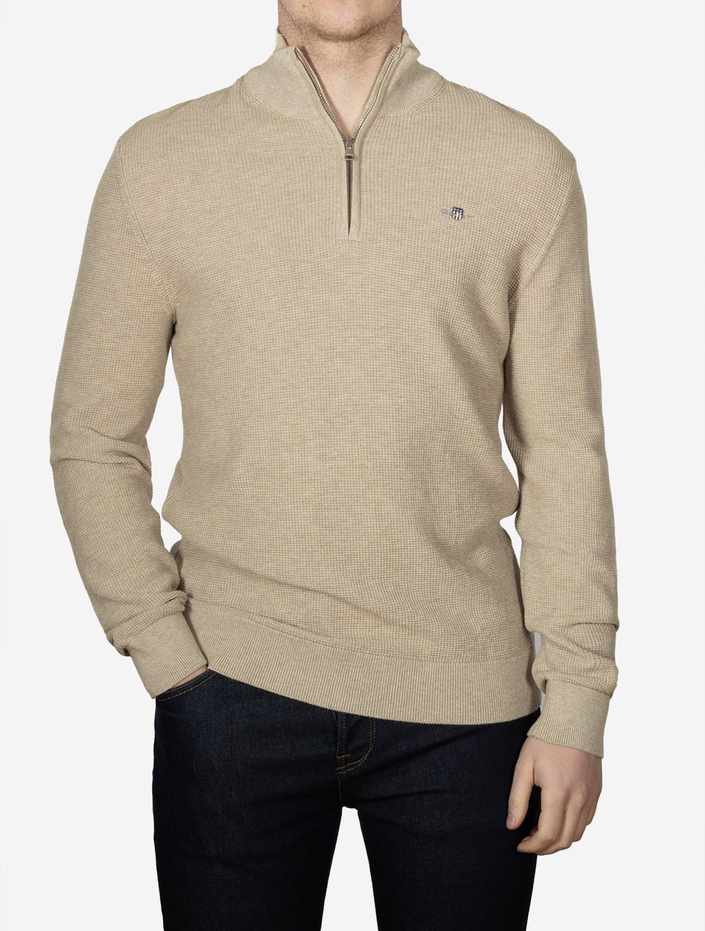 Micro Textured Cotton Half Zip Oat Melange