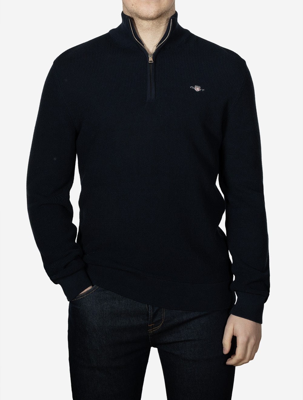 Micro Textured Cotton Half Zip Evening Blue