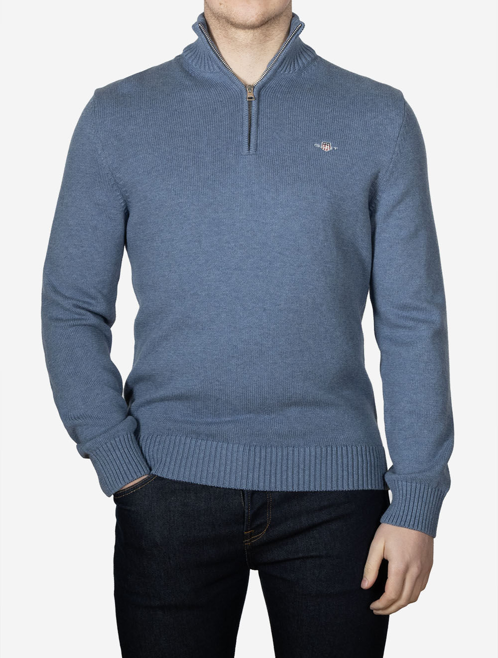 Casual Cotton Half Zip Denim Blue Melange