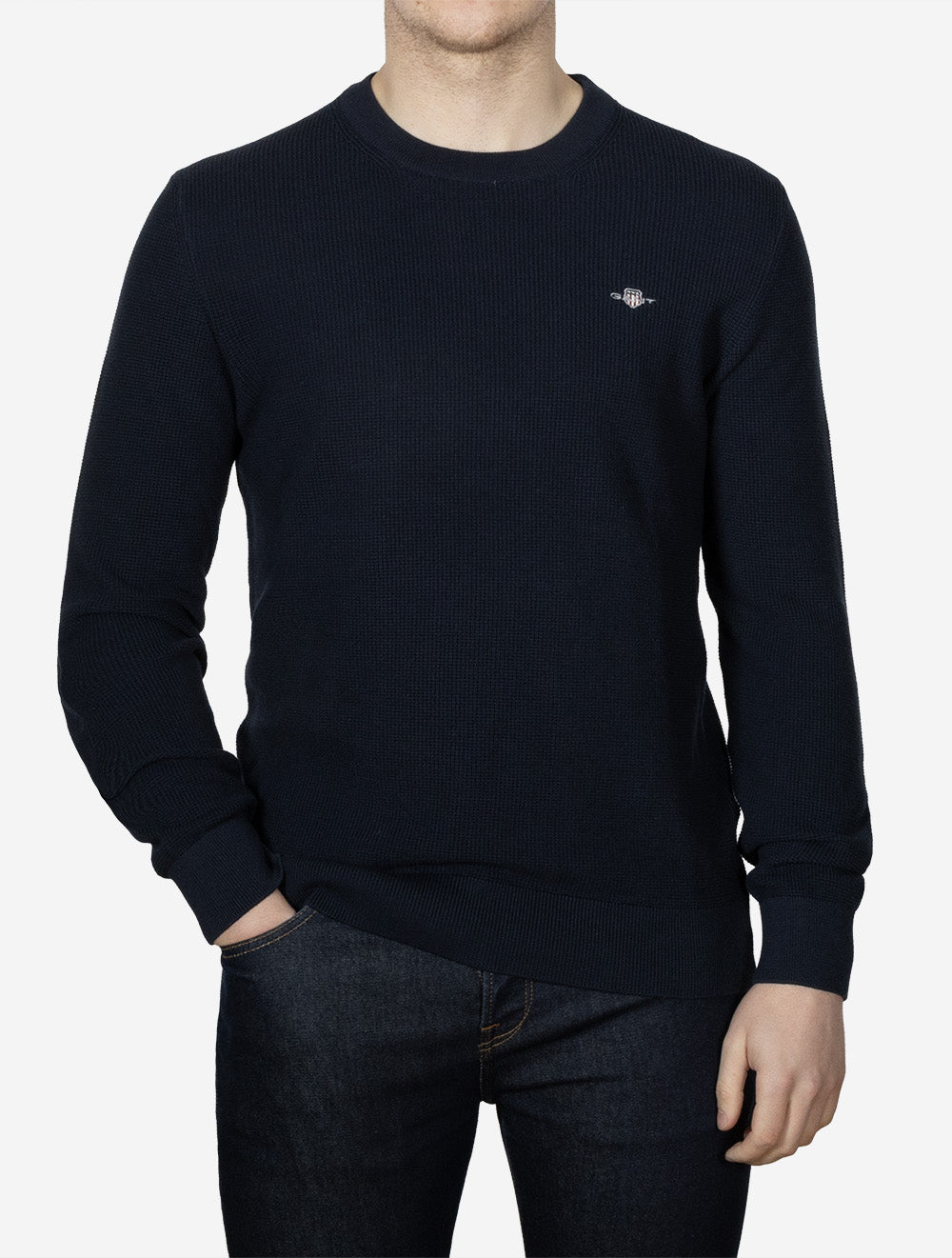 Micro Textured Cotton Crew Neck Evening Blue