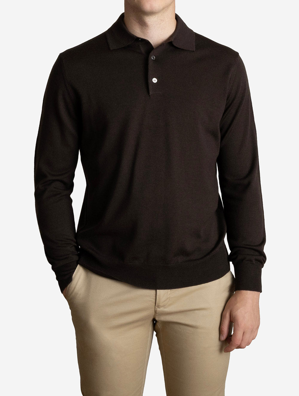 Langarm-Poloshirt aus Merinowolle, Schokolade
