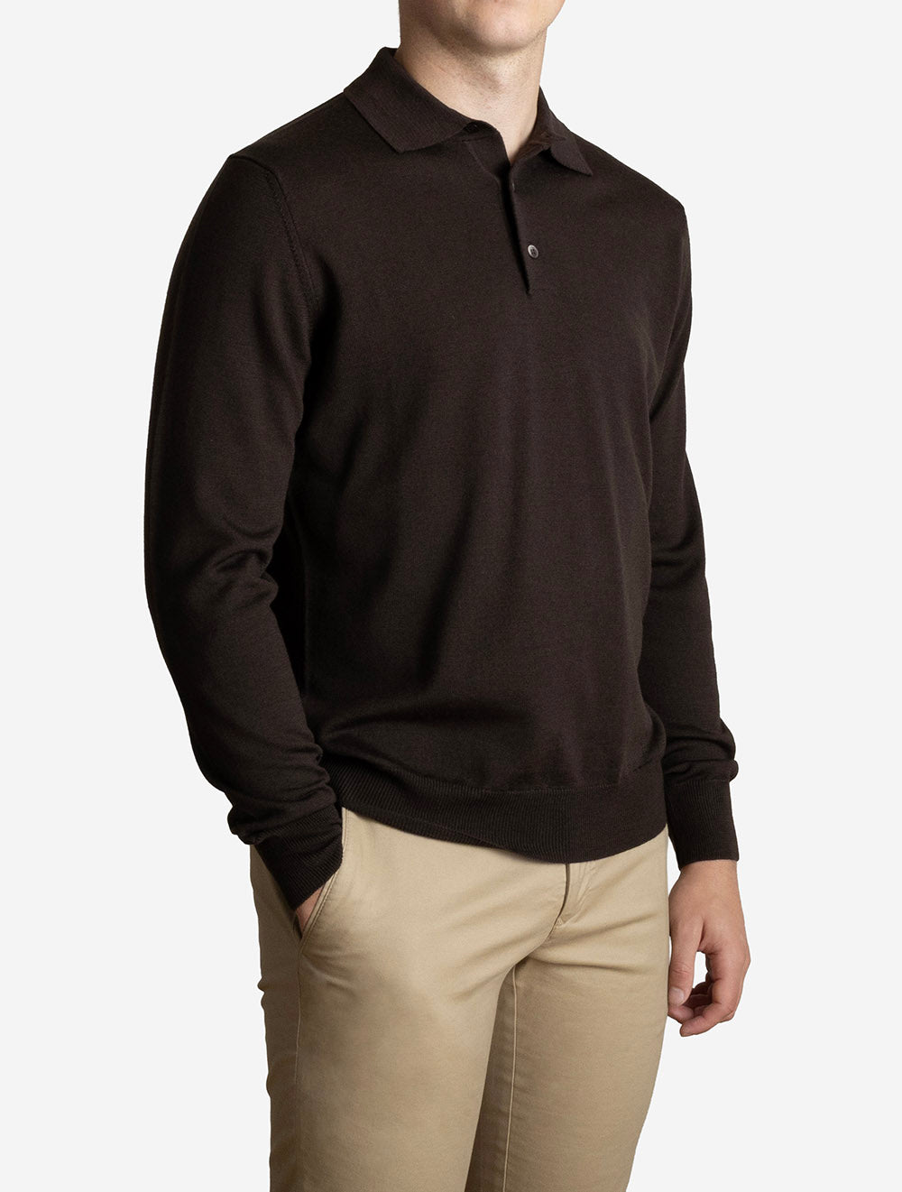 Langarm-Poloshirt aus Merinowolle, Schokolade