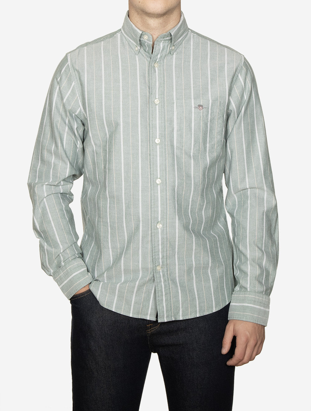 Regular Fit Striped Classic Oxford Shirt Forest Green