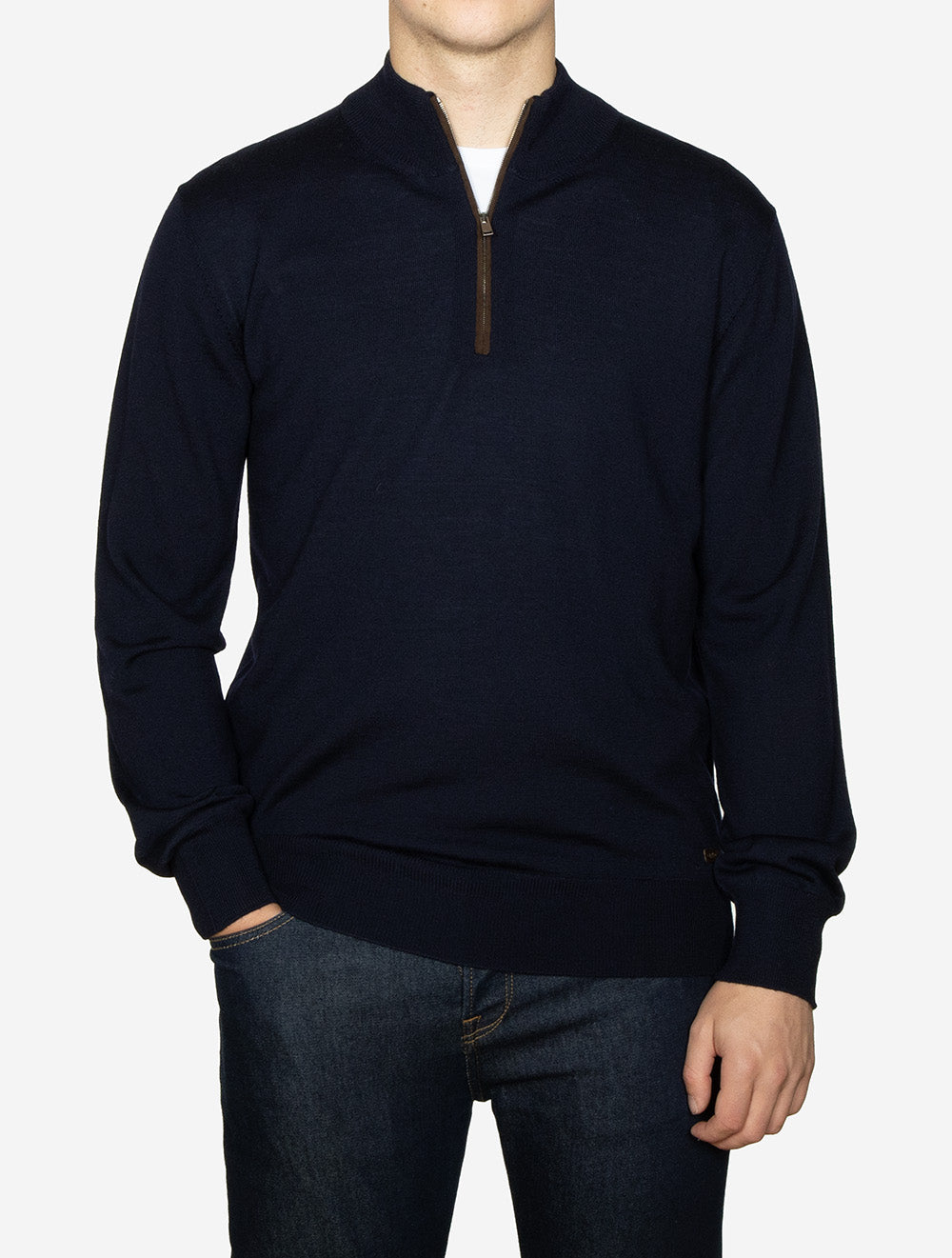 Pull en maille mérinos à demi-zip bleu marine