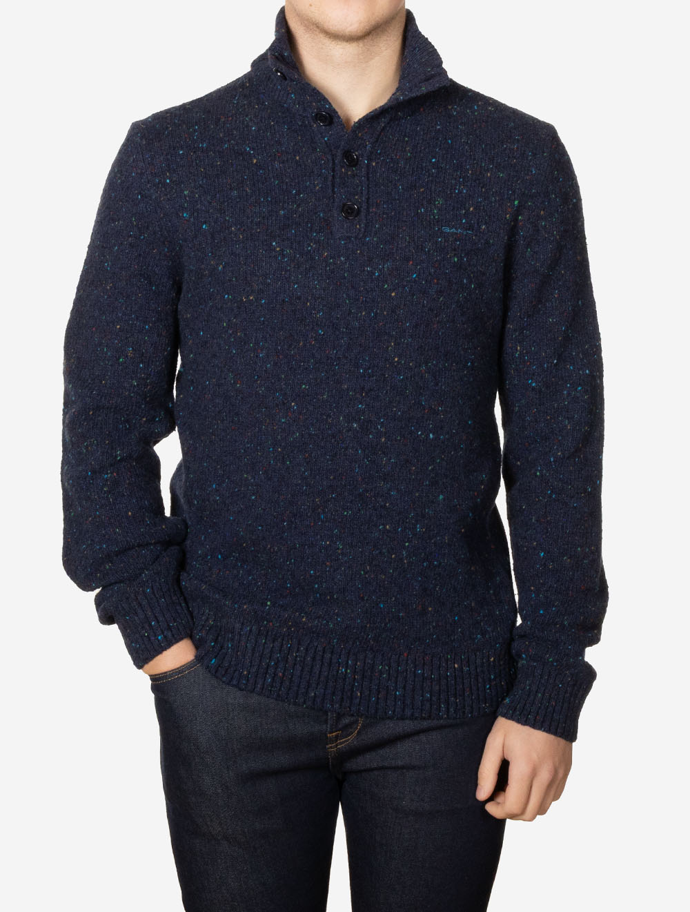 Wool Blend Neps Half Buttoned Sweater Evening Blue