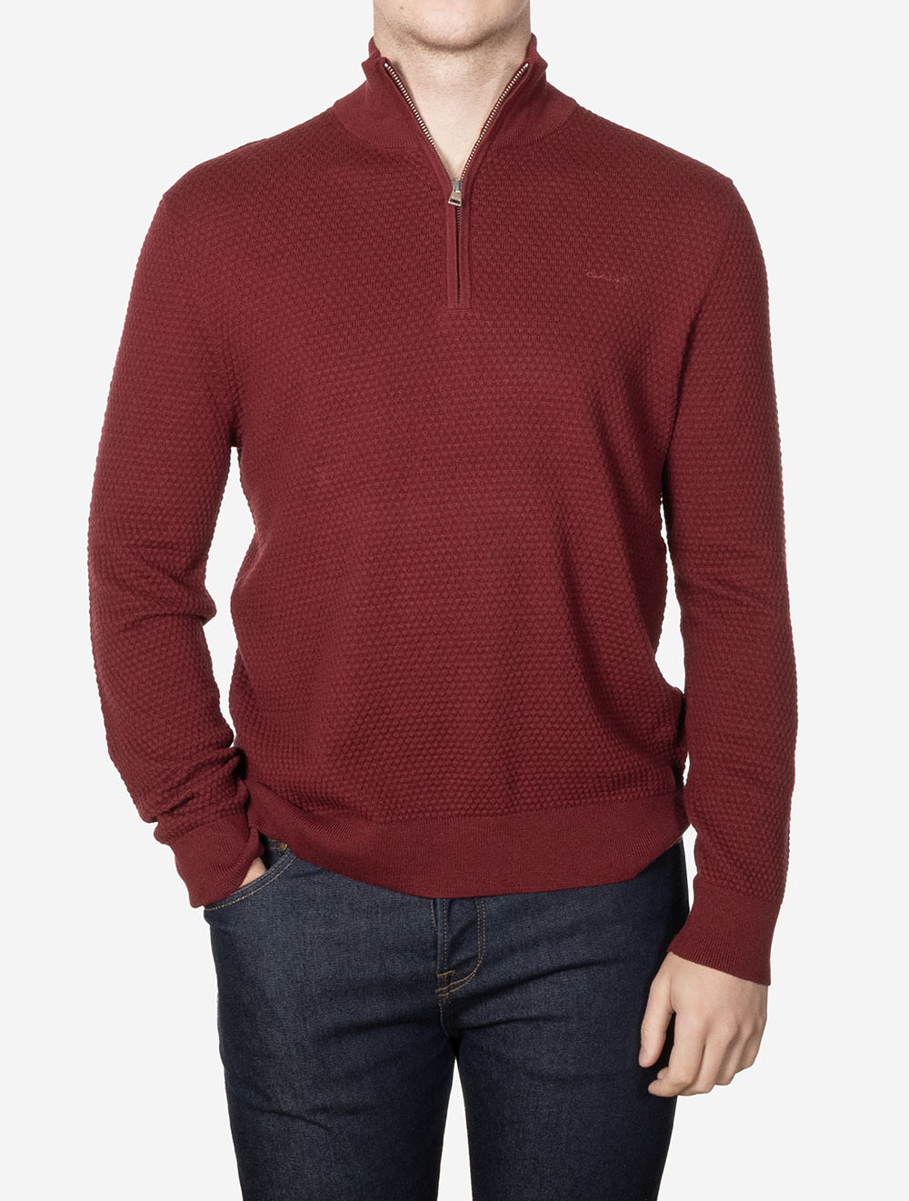 Pull en coton mérinos texturé rouge à demi-zip