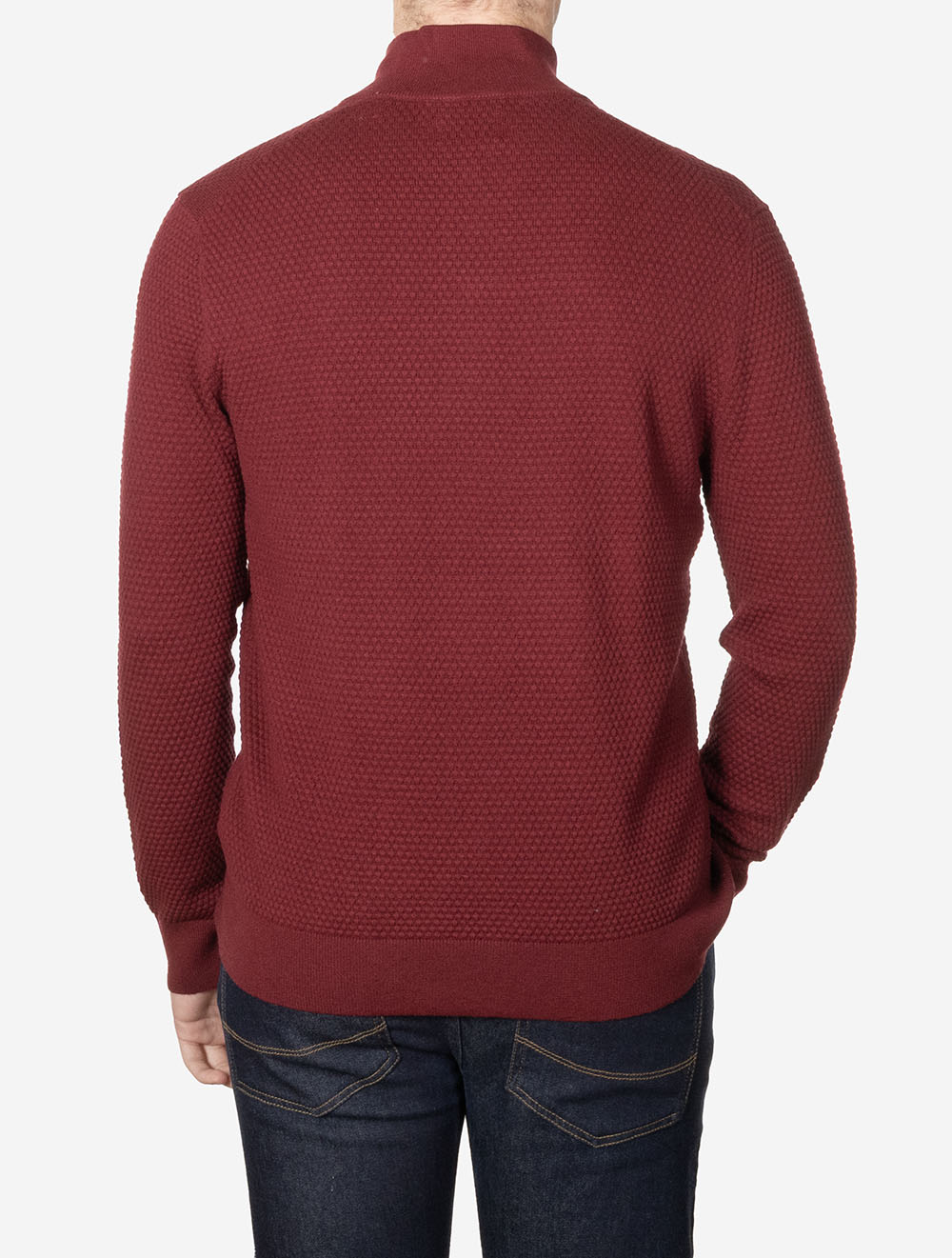 Pull en coton mérinos texturé rouge à demi-zip