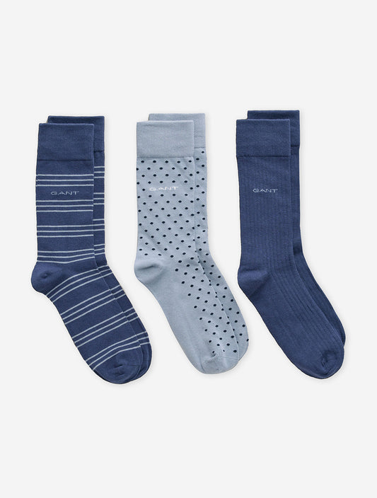 Stripe Dot Rib Socks 3 Pack Dusty Blue Sea