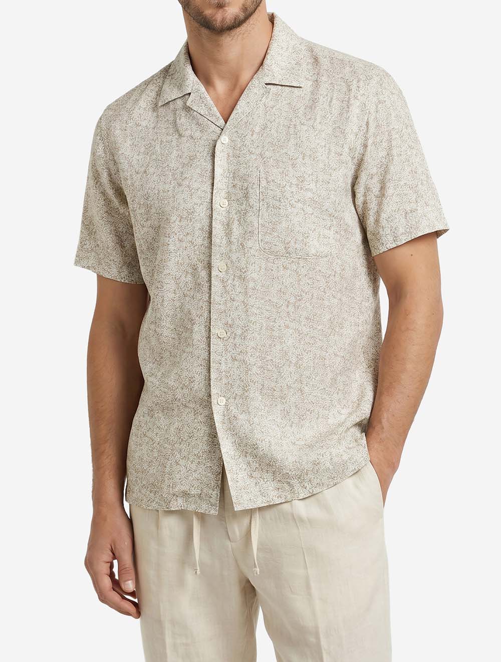 Leaf Print Casual Short Sleeve Shirt Beige