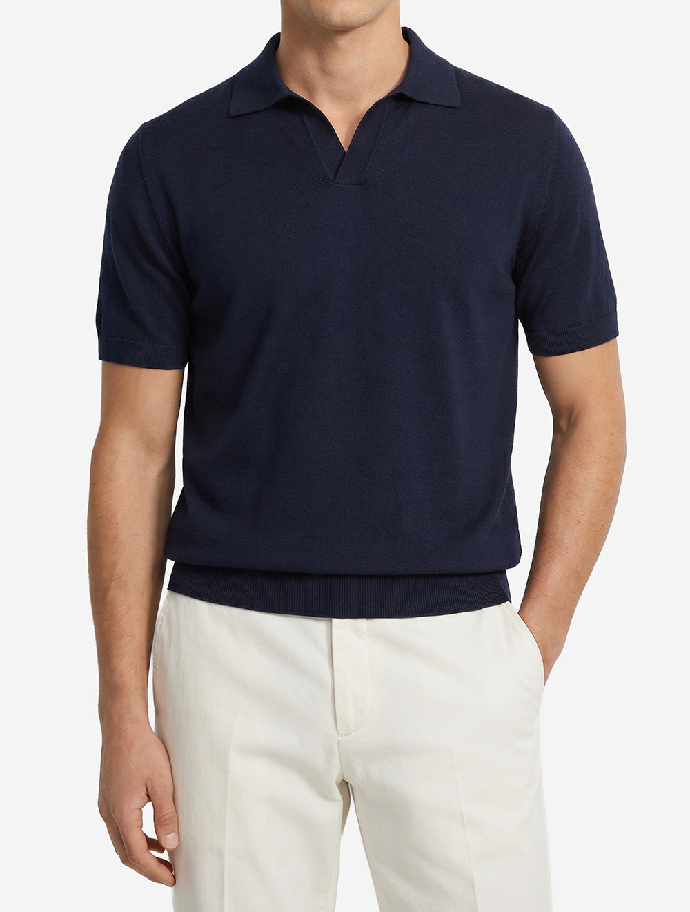 Short Sleeve Buttonless Polo Wool Navy