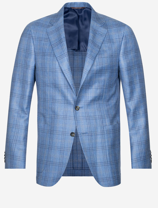 Canali Wool Silk And Linen Check Jacket Muted Blue