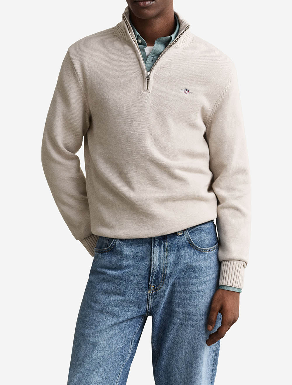 8030170A26 BEIGE 215 E140 CASUAL COTTON HALF ZIP — 3 8030170-215-model-fv-1.jpeg