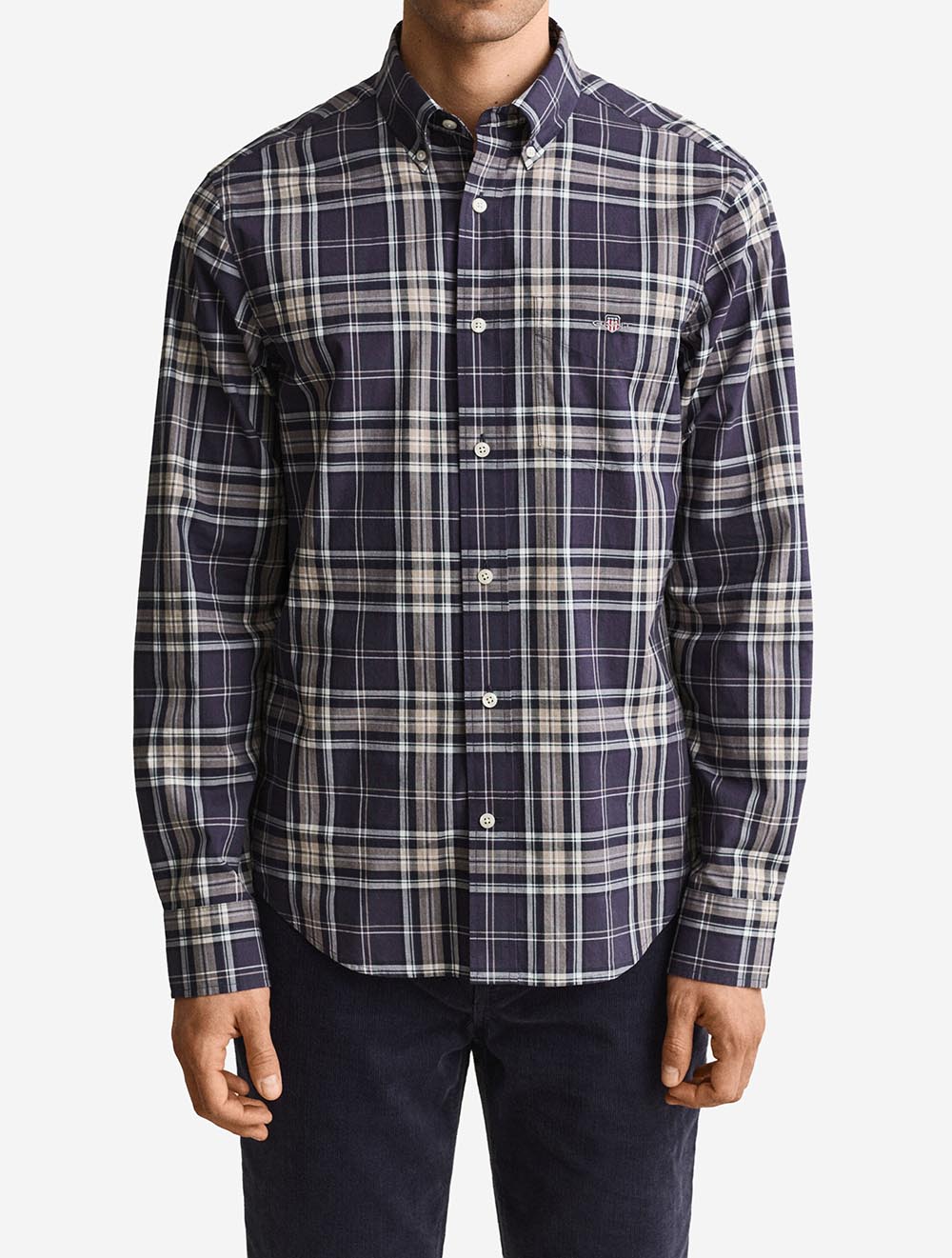 3263001A26 TAUPE 251 E100 REG POPLIN CHECK SHIRT — 3 3263001-251-model-fit-1.jpeg