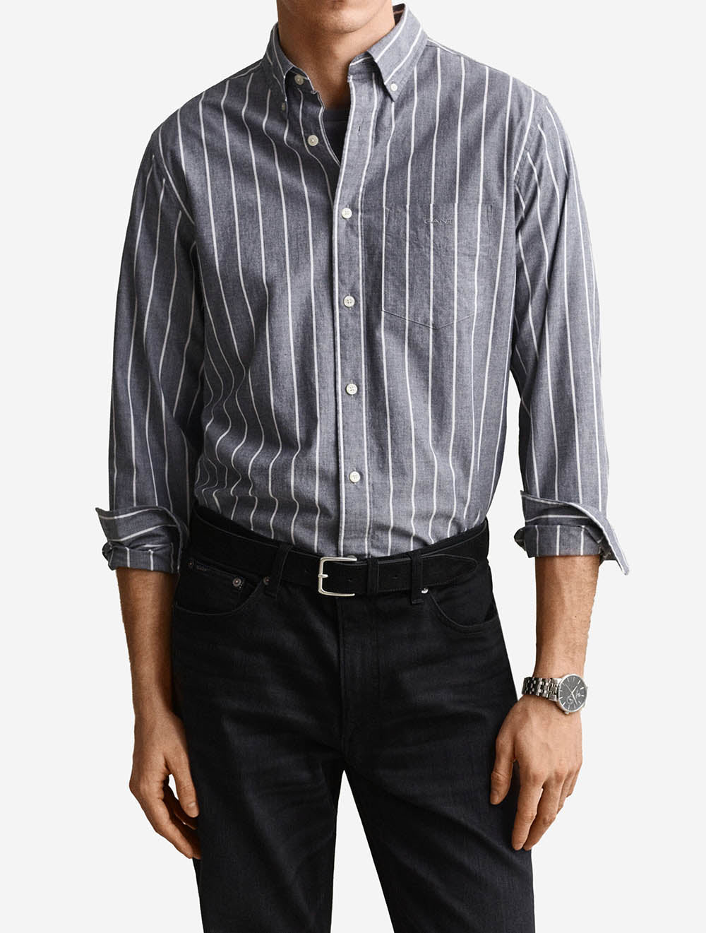 3262005A26 INDIGO 901 E120 REG POPLIN MELANGE STRIPE SHIRT — 2 3262005A26 INDIGO 901.jpeg
