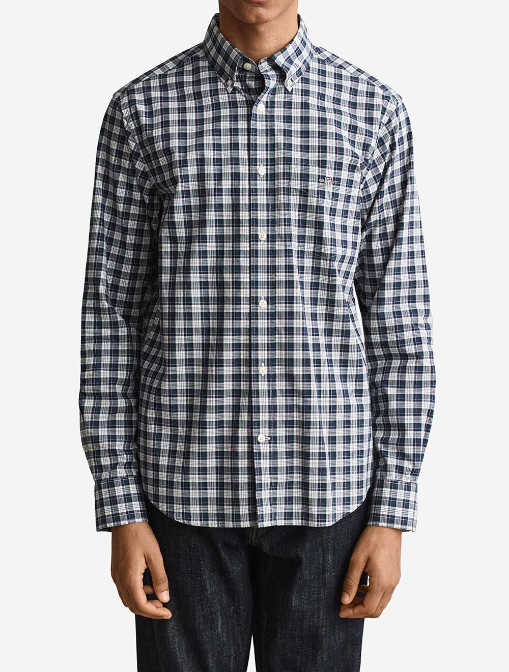 3263002A26 EMERAL 321 E110 REG POPLIN CHECK SHIRT — 2 3263002-321-model-fit-1.jpeg