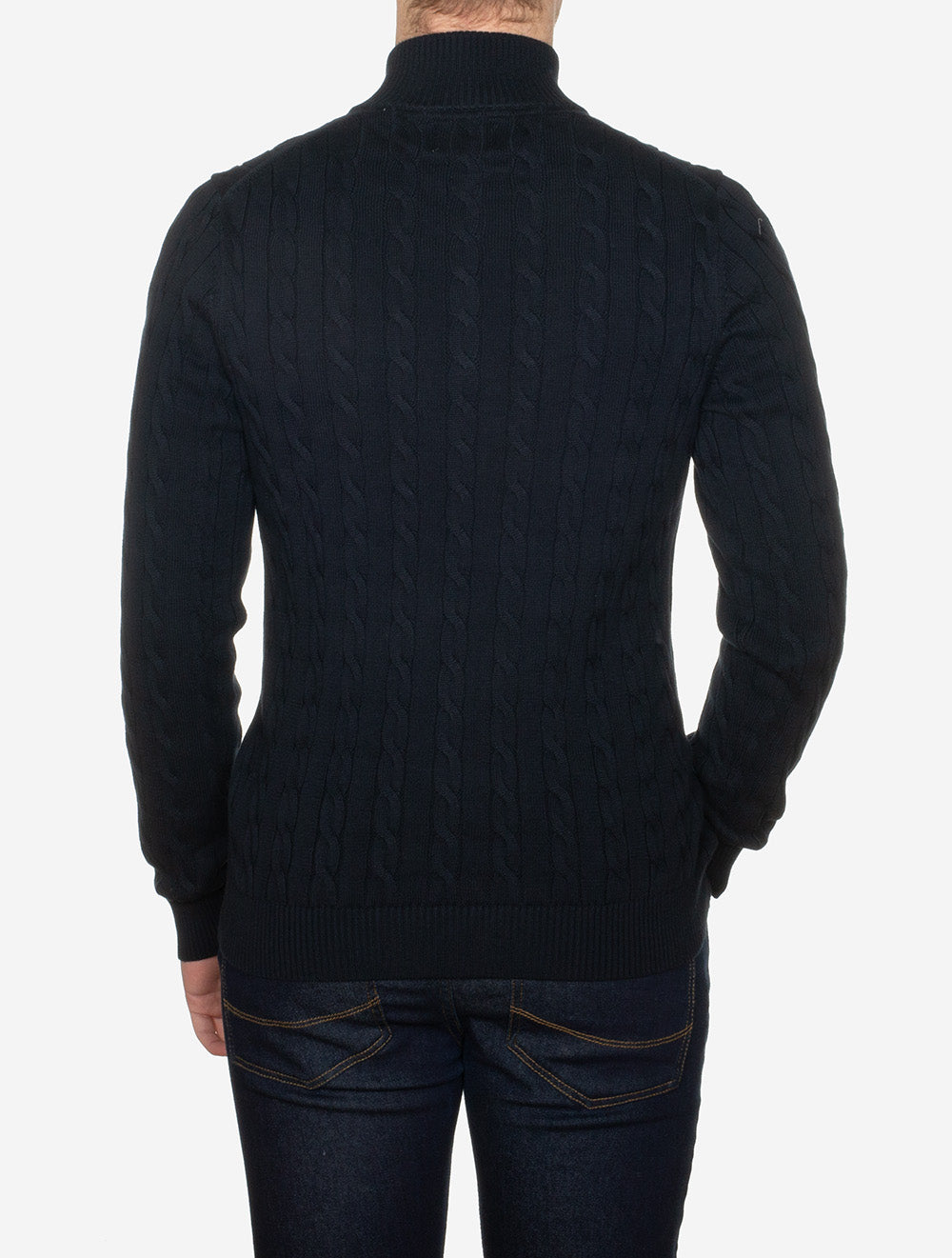 8050603a26 BLUE:433 E150 CABLE KNIT HALF ZIP SWEATER — 3 276A8320.jpg