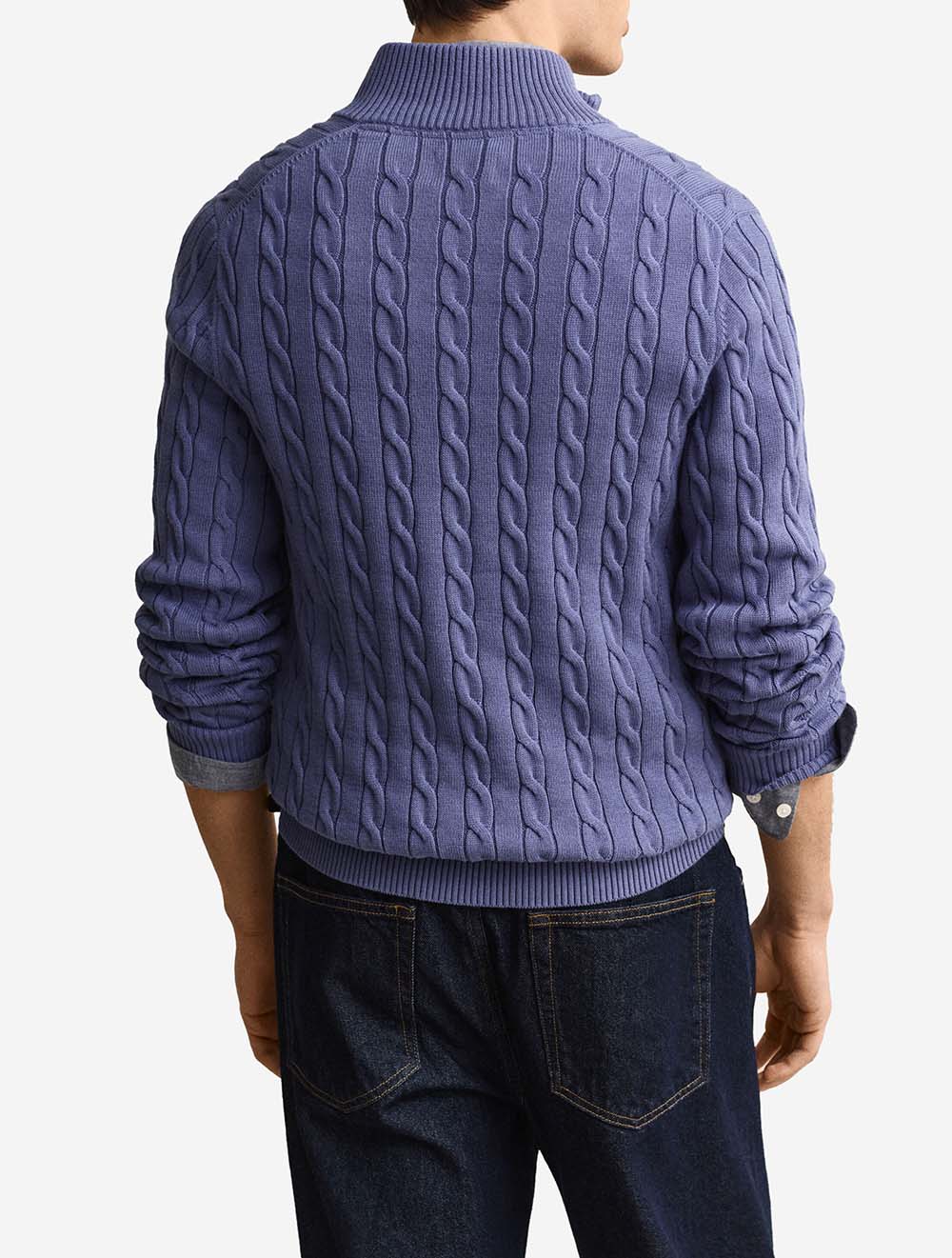 8050603A26 BLUE 476 E150 CABLE KNIT HALF ZIP SWEATER — 3 8050603-476-model-bv-1.jpeg