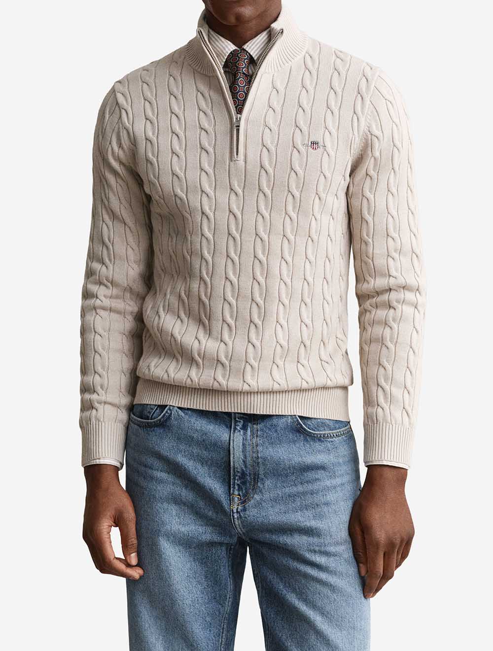 8050603A26 BEIGE 215 E150 CABLE KNIT HALF ZIP SWEATER — 2 8050603-215-model-fv-1.jpeg