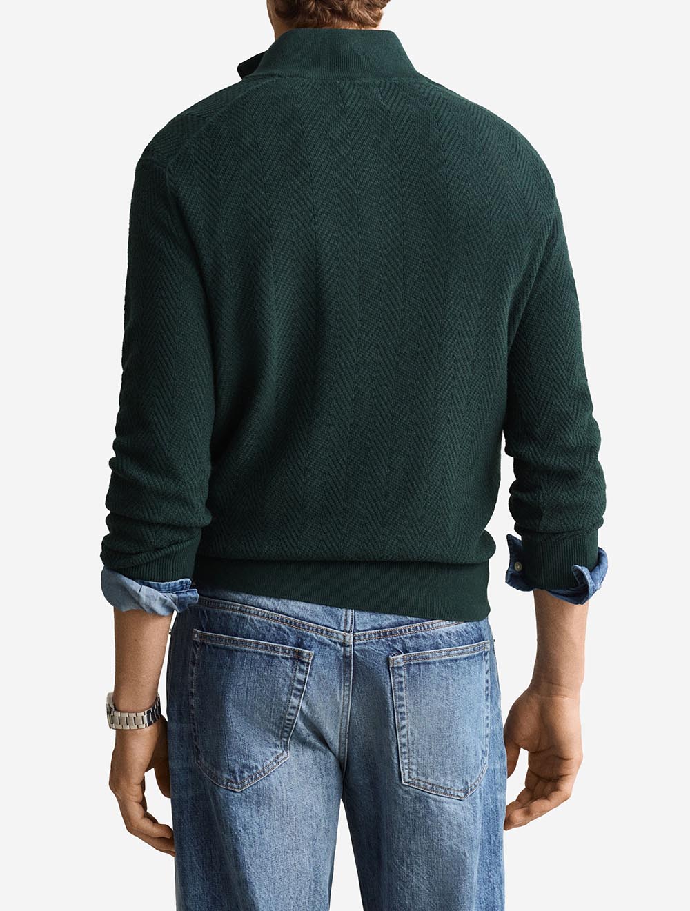 8050333A26 GREEN 374 E160 HERRINGBONE TEXTURE HALF ZIP — 3 8050333-374-model-bv-1.jpeg