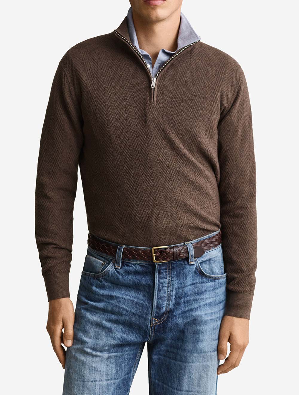 8050333A26 BROWN 281 E160 HERRINGBONE TEXTURE HALF ZIP — 2 8050333-281-model-fv-1.jpeg