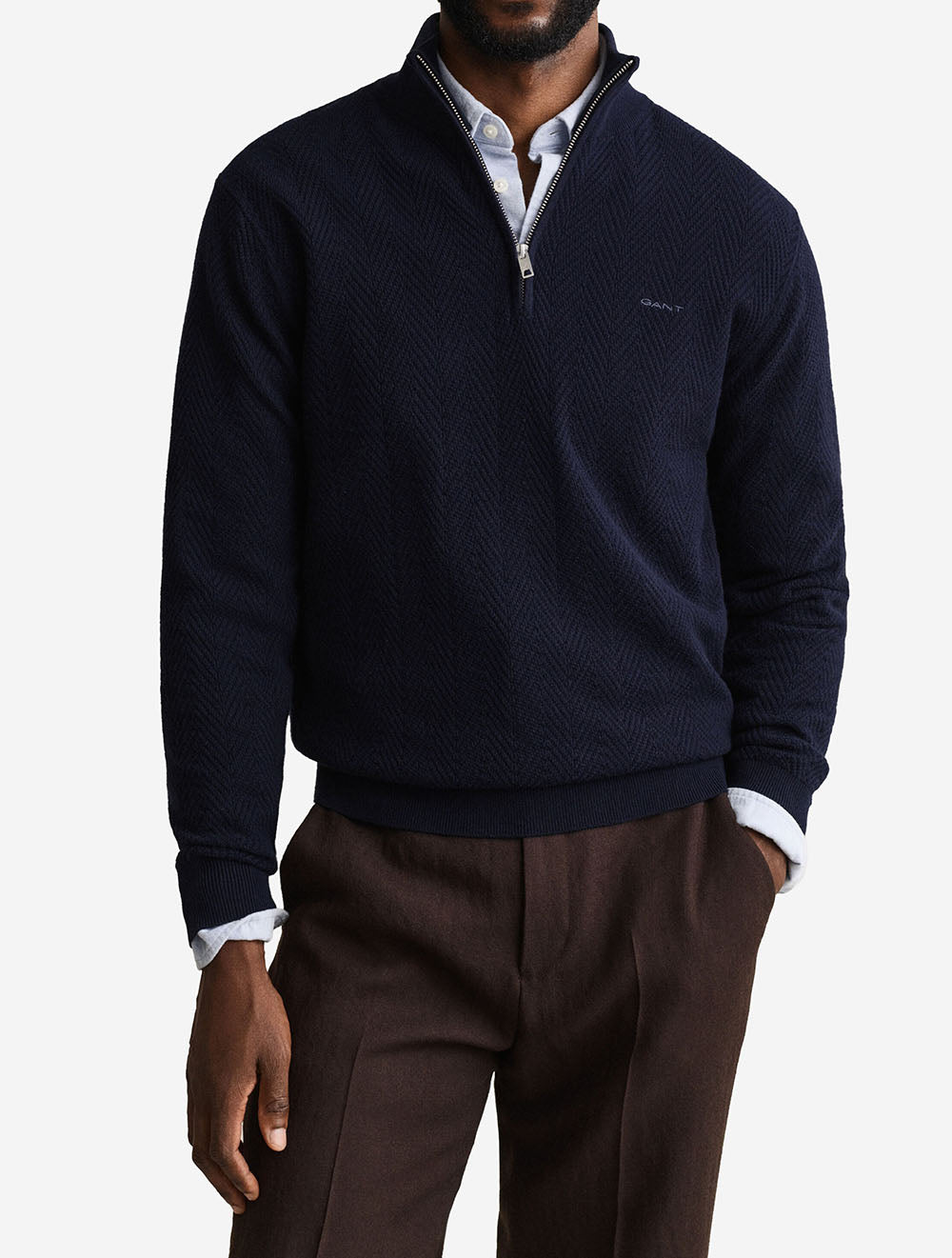 8050333A26 BLUE 433 E160 HERRINGBONE TEXTURE HALF ZIP — 2 8050333-433-model-fv-1.jpeg