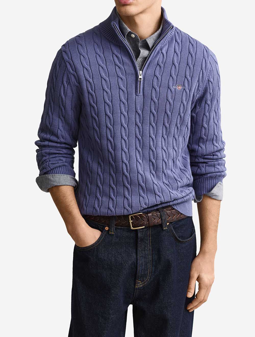 8050603A26 BLUE 476 E150 CABLE KNIT HALF ZIP SWEATER — 2 8050603-476-model-fv-1.jpeg