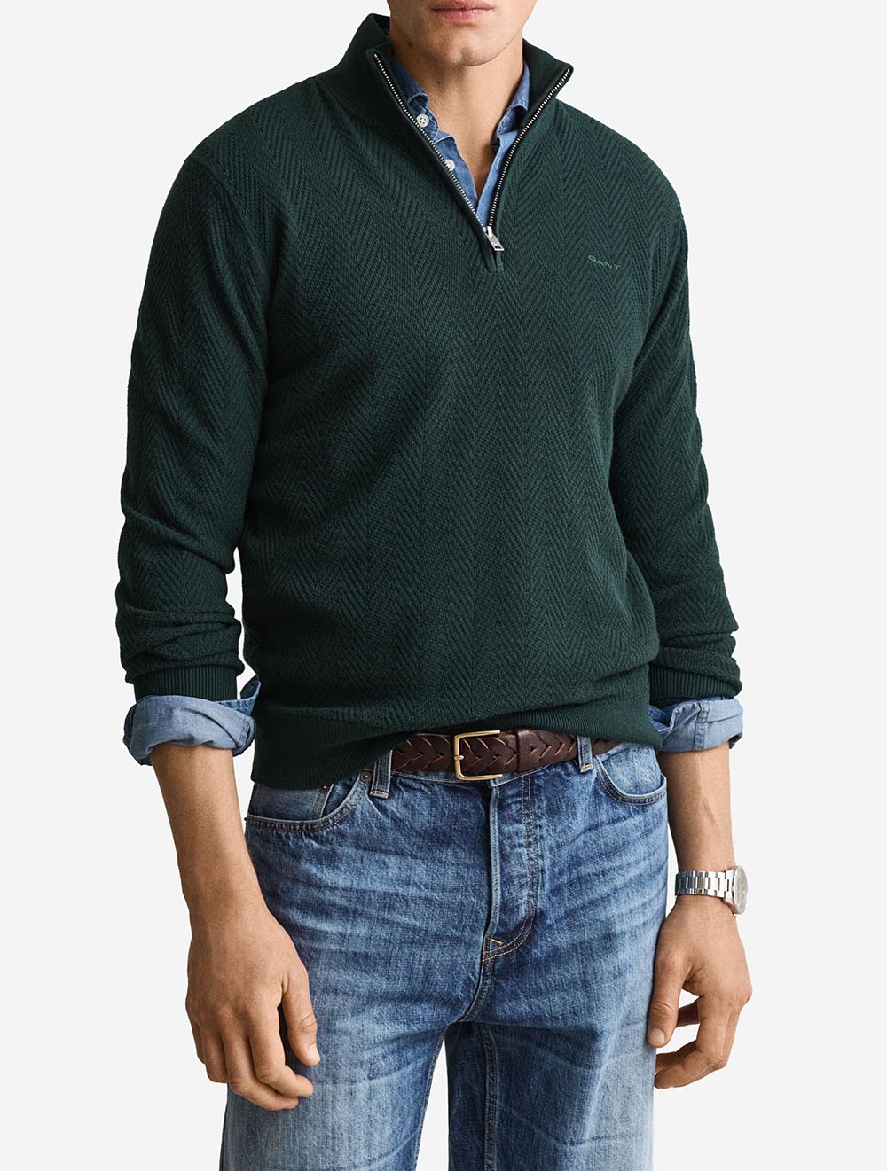 8050333A26 GREEN 374 E160 HERRINGBONE TEXTURE HALF ZIP — 2 8050333-374-model-fv-1.jpeg