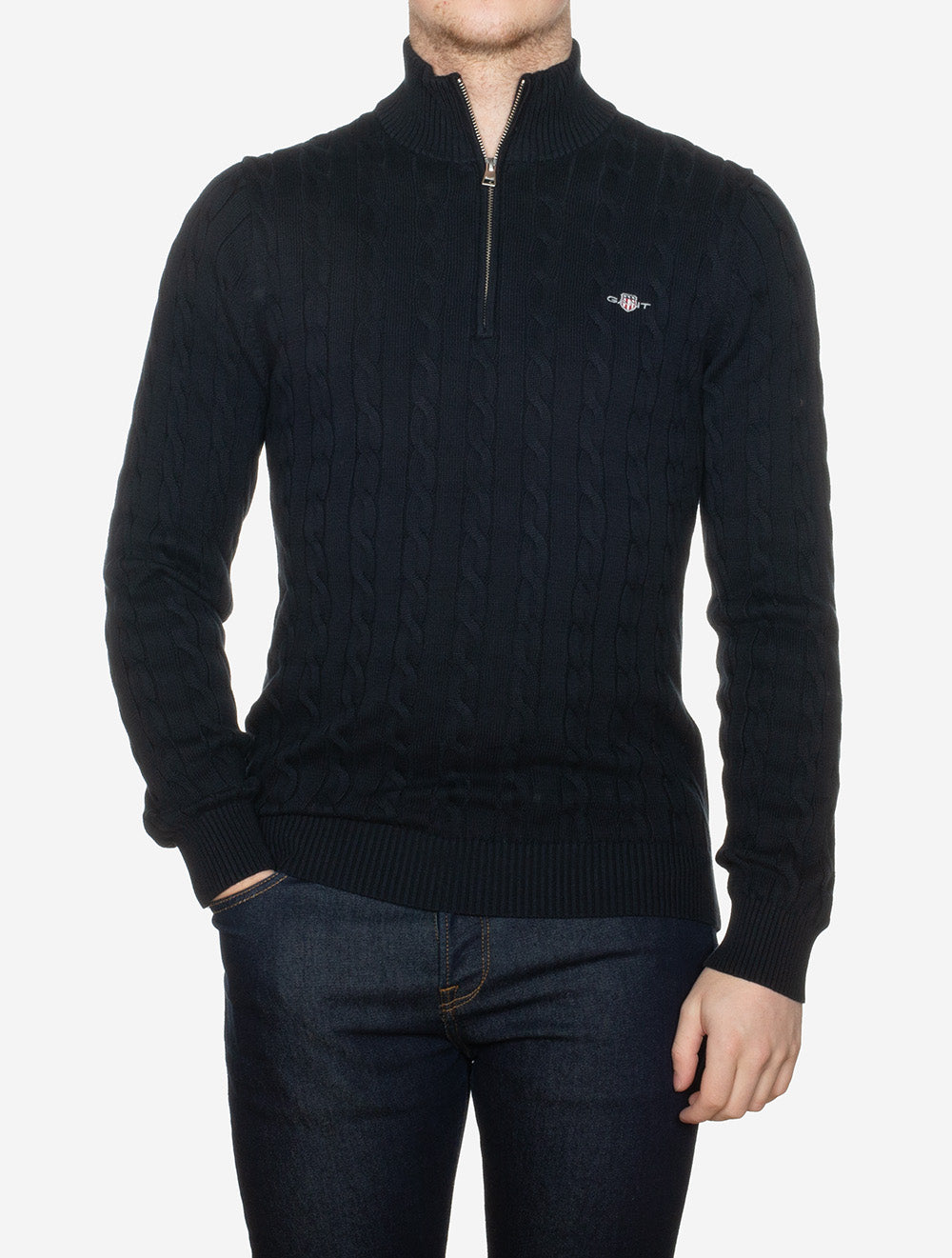 8050603a26 BLUE:433 E150 CABLE KNIT HALF ZIP SWEATER — 2 276A8317.jpg