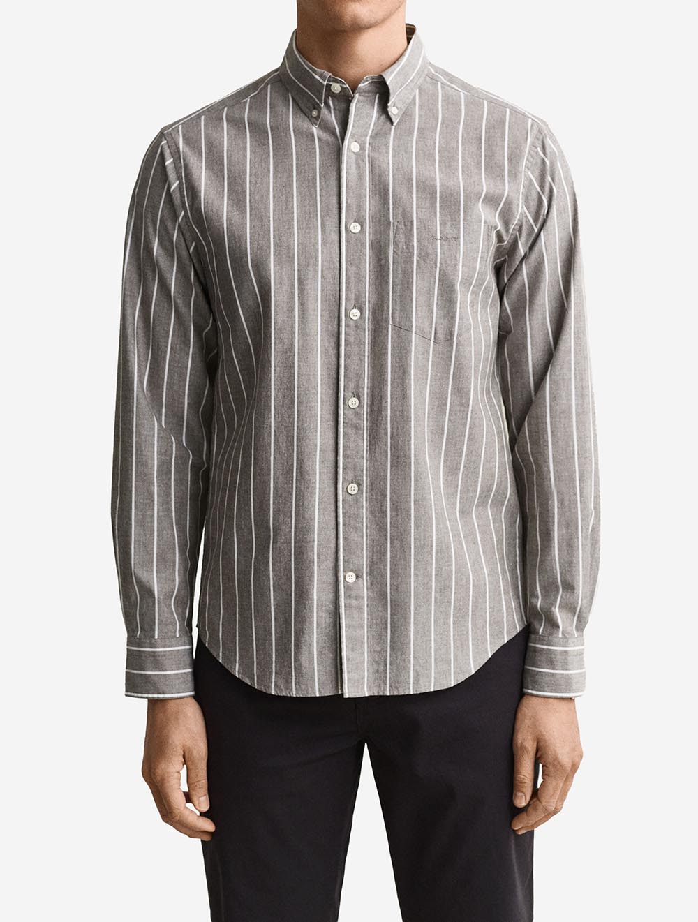 3262005A26 BROWN 281 E120 REG POPLIN MELANGE STRIPE SHIRT — 2 3262005-281-model-fit-1.jpeg