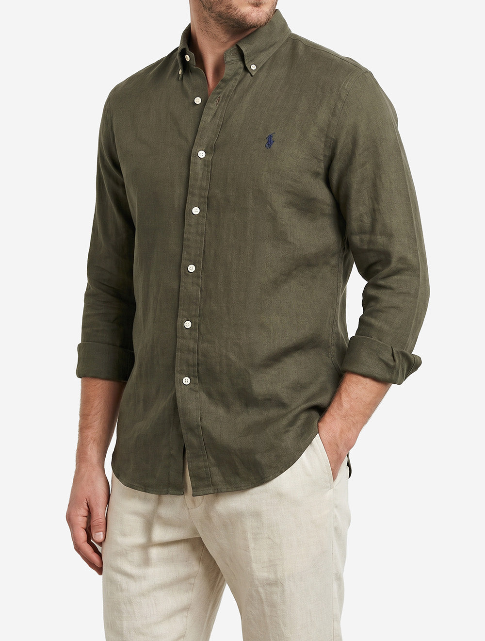 Custom Fit Linen Shirt Dark Green