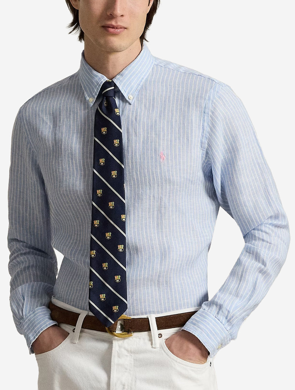 Custom Fit Striped Linen Shirt Blue