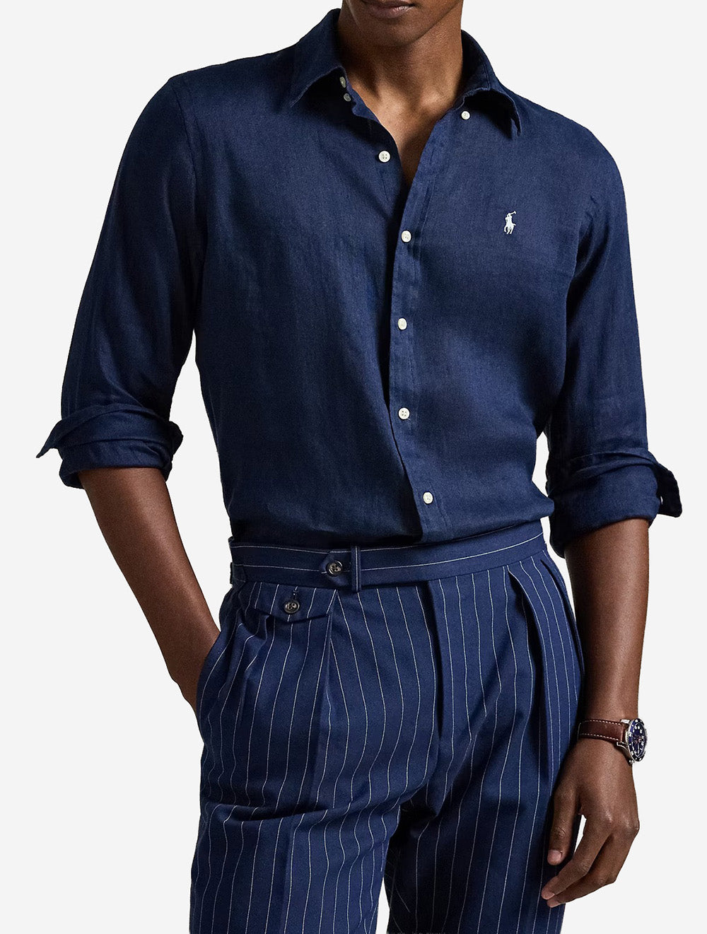 Custom Fit Linen Shirt Navy