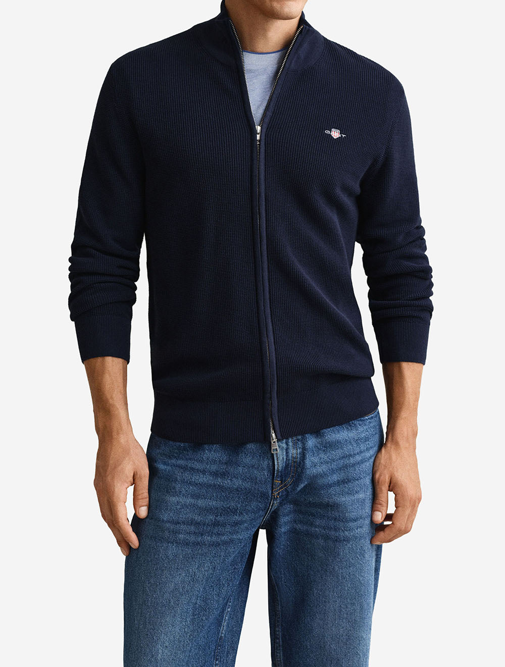 Micro Textured Cotton Zip Cardigan Evening Blue