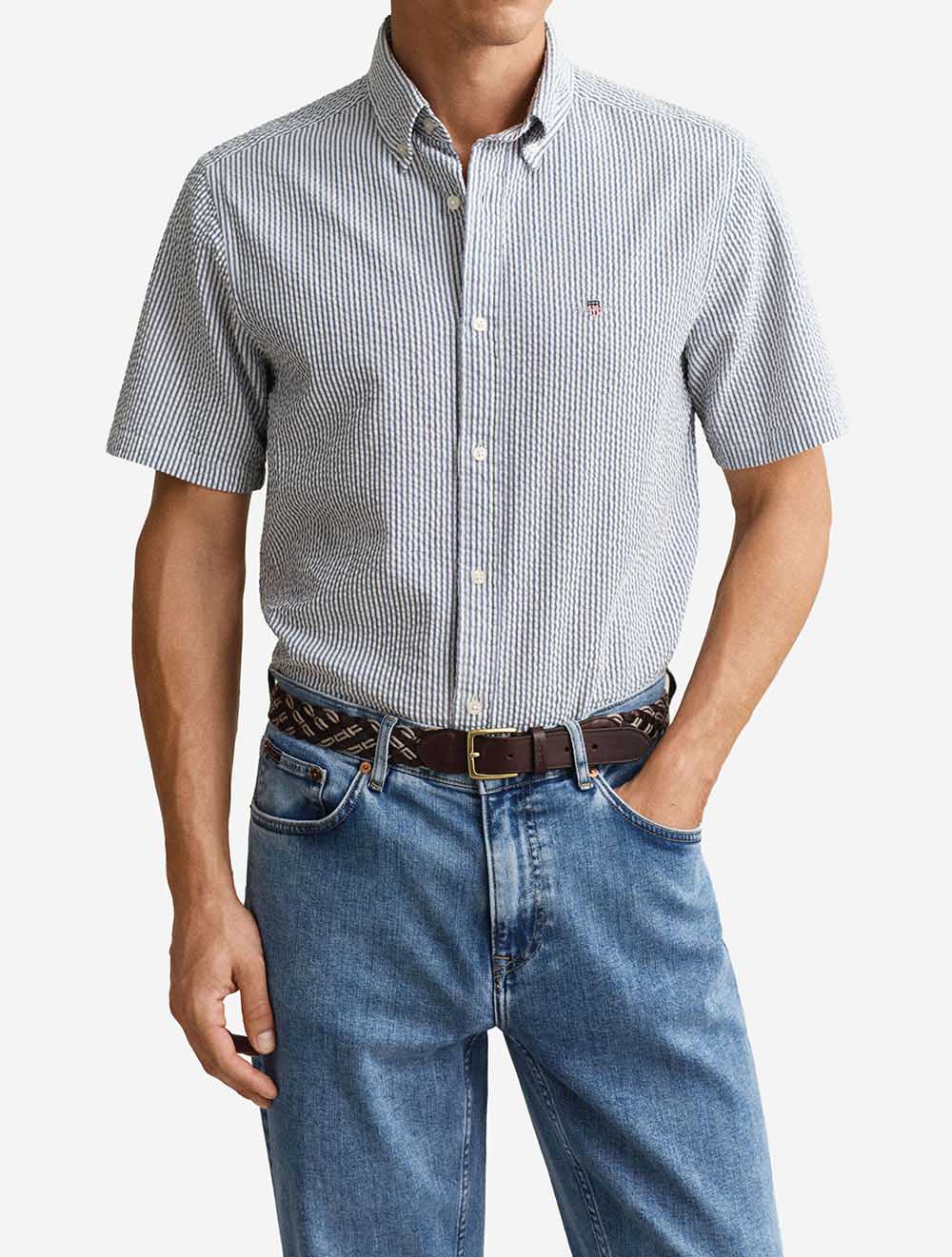 Regular Seersucker Stripe Short Sleeve Shirt Vintage Blue