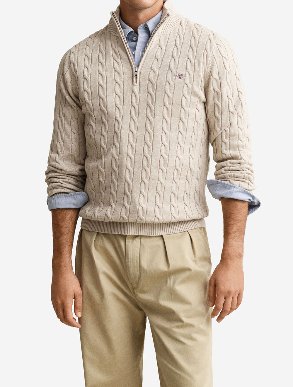 Cotton Cable Half Zip Oat Melange