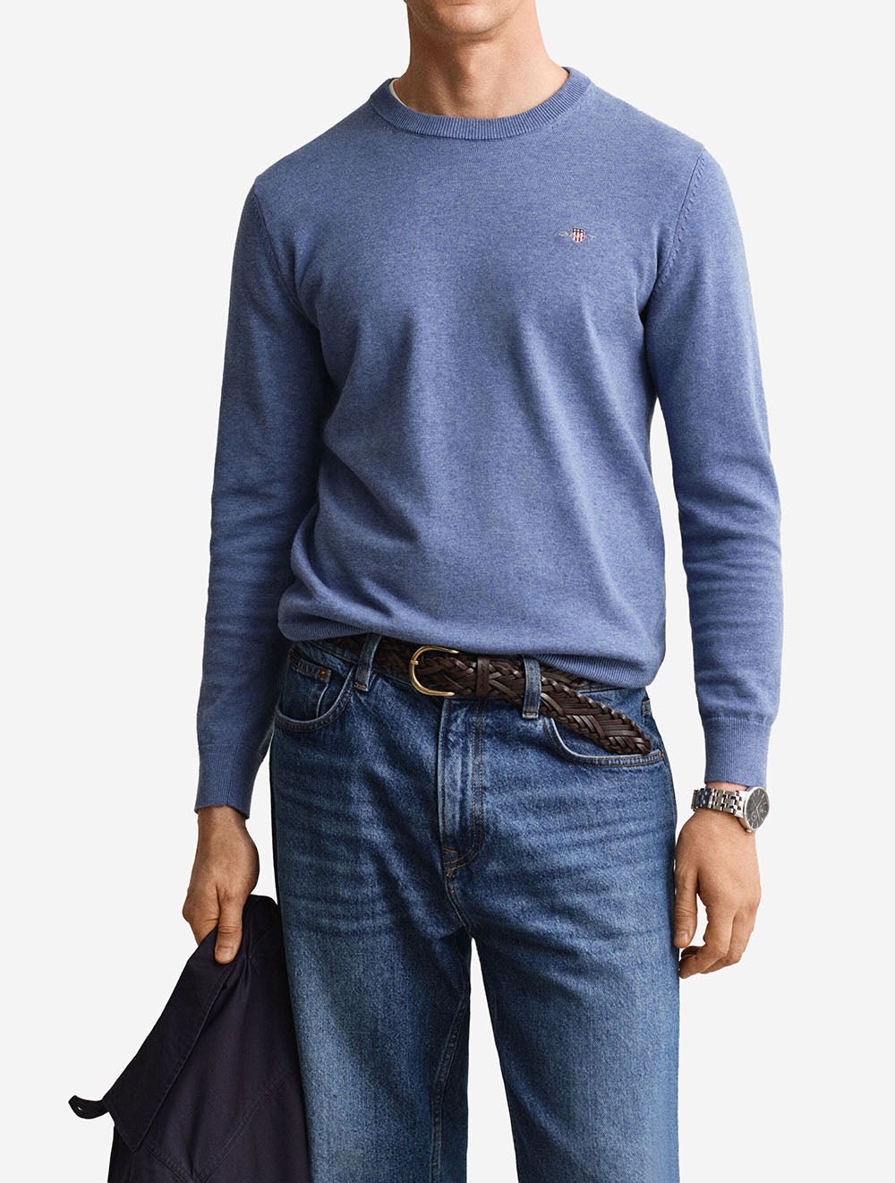 Classic Cotton Crew Neck Sweater Denim Blue Melange