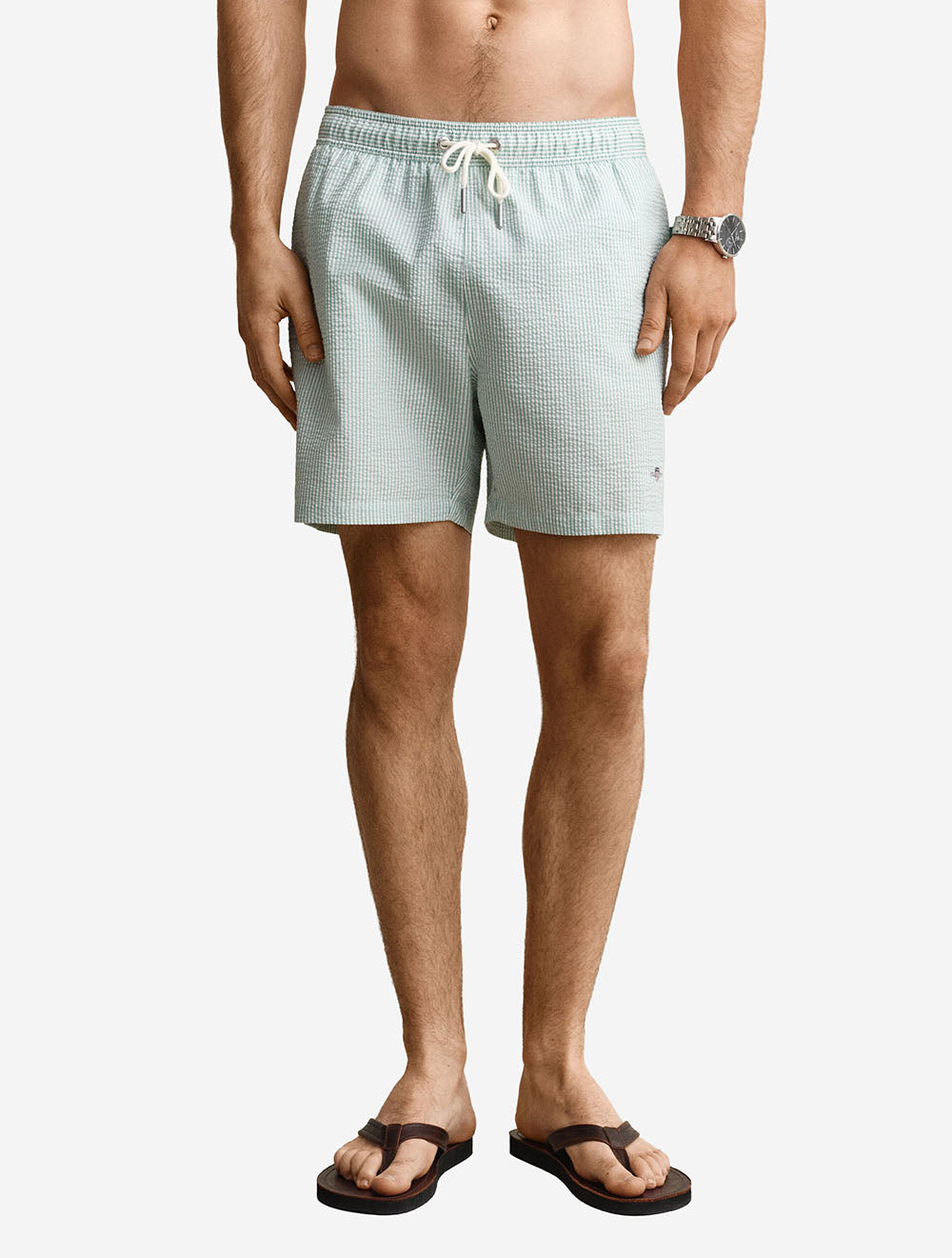 Striped Seersucker Swim Shorts Muted Turquoise